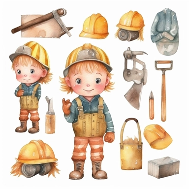 Watercolor collection clipart boy construction worker cute childish neutral colors on white background