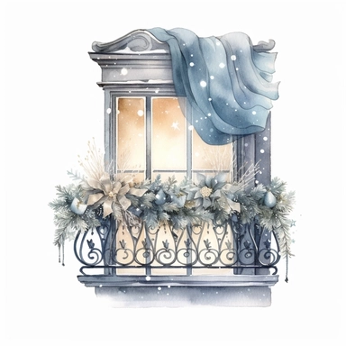 watercolor clipart of a cute vintage balcony, sparkles, cosy winter wonderland vibes, isolated on white background