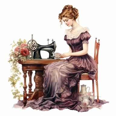 the victorian lady using a sewing machine clipart, in the style of victorian-inspired hyperrealistic watercolor illustrations, 300 DPI, historical illustration, childlike illustration, stylish costume design, romantic illustrations, floral ornaments, emotive colors, vintage color palette, cute and dreamy, realistic watercolors, lilia alvarado, brian mashburn, realistic depictions of human form, white background