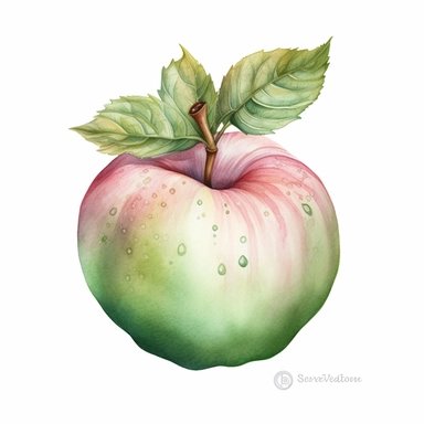 Watercolored pencil style illustration, boho style apple, pink green white silver, isolated on a white background, PNG file clipart style, Dennis Wojtkiewicz, Amanda Clark, Lowell Herrero,