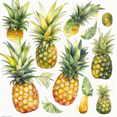 Vibrant watercolor pineapple clipart set, featuring 20 tropical and juicy pineapple fruit images with a hand-painted look, rich hues of yellow and green, soft texture, realistic details, subtle splashes, perfect for digital art, stationery, and invitations. White background, no shadows, single style.
