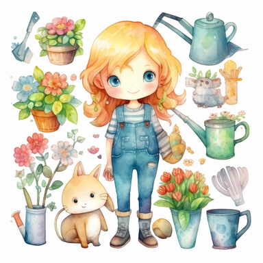 Collection of watercolour graphics elements including cute cartoon baby girl in jeans, with garden instruments, scissors, flowers in flower pots, garden gloves, puppy, white background, in the style of emily balivet, soft, blended colors, contrasting colors, kawaii manga, floral explosions ,white background clipart set single elements with margin