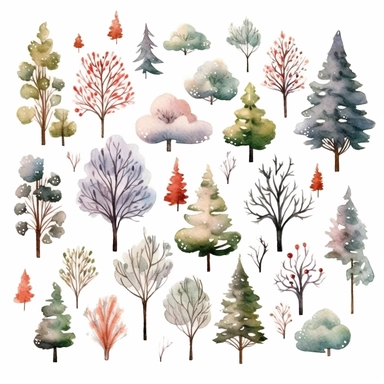 Element of cute winter trees, leaves, fir trees, shurbs , snow. clouds, new year and christmas objects and elements of nature cliparts vestor illustration. white background.