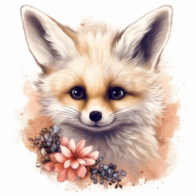 lashes, super lovely, nursery, close-up of an fennec foc, flower. The red panda has fluffy fur with black markings, large ears, and bright eyes. It is standing on top of a white background. vintage clothing hyper realistic 8k clipart