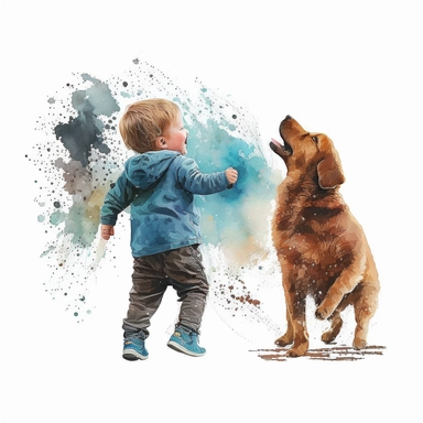 baby boy with dog dancing Watercolor Clipart, drip effect, clean white background, 16K Colors, clean white background