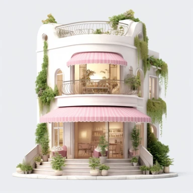 Lovely pink French cafe with a vintage - inspired charm. The exterior is adorned with pink floral accents and classic French signage. Inside, the cafe offers a cozy and nostalgic ambiance. Clipart, solid white background, Ultra - detailed, hyper - realistic, intricate detail