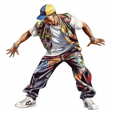 Watercolor clipart of a hip hop street dancer, colorful clothes, wears a peaked cap on his head, street scene, realistic, detailed, high definition, perspective, white background,