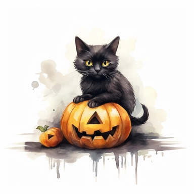 mystical fantasy cute watecolor laying witchy black cat with big halloween pumpkin clipart, hd 4k, detailed, focused, isolated on white background