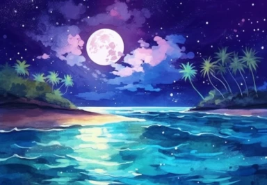captivating scene of a holographic beach at nighttime. watercolor clipart. watercolor clipart. The lighting should be normal, capturing the serene ambiance of the nighttime setting. The colors should be magnificent, incredible, and relaxing, evoking a sense of tranquility and beauty. The focus of the composition should be a clear view of the water, showcasing the holographic effect with its shimmering and iridescent qualities. Add a touch of magic by depicting the moon leaving a gentle glow on t