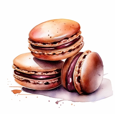 Commercial shot of ultra - realistic watercolor painting of really delicious chocolate macaroons clipart, aesthetic, good looking food, delicious, yummy, foodie, healthy, white background no text, isolated on white, watercolor illustration, award winning, strong and sharp lines